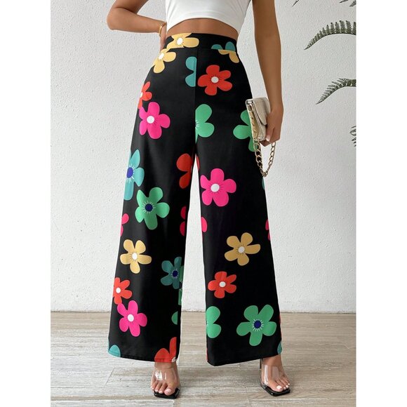 WILA Pants - Rainbow colorful flower power high waisted wide leg palazzo pants black